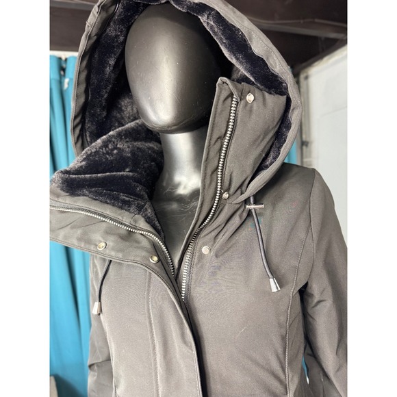 Zara Winter Parka Coat Fur Lined Hooded Jacket Black Warm Womens S - Picture 2 of 11